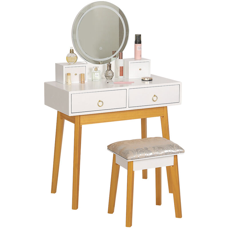 Coiffeuse grande table de maquillage led miroirs 4 tiroirs et <strong>tabouret</strong> - <strong>blanc</strong> <strong>blanc</strong>-<strong>couleur</strong> bois