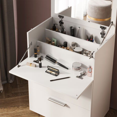 Vicco – Coiffeuse blanche 65.8 x 91.6 x 41.6 cm avec 2 tiroirs – Panneau de particules 16 mm – Revêtement mélamine – Rangement optimisé