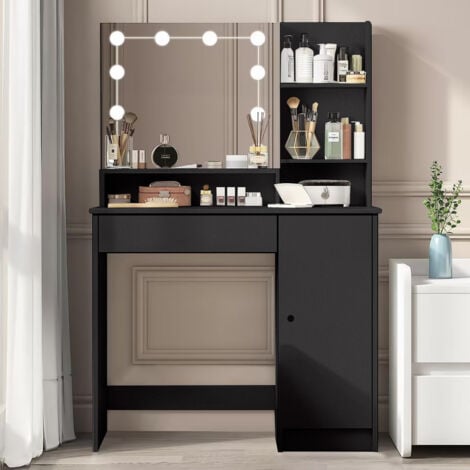 Coiffeuse INRE avec Miroir LED à Luminosité Réglable, tiroir, 3 Compartiments et Coiffeuse de Maquillage en Bois- Noir