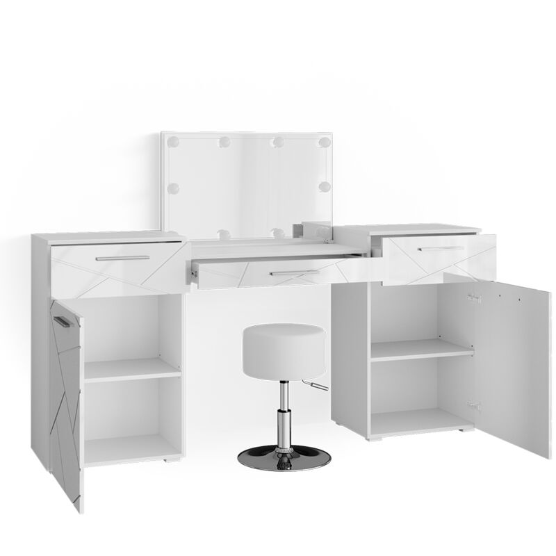 Vicco - Coiffeuse Irma, Blanc, 190.3 cm avec éclairage led et tabouret