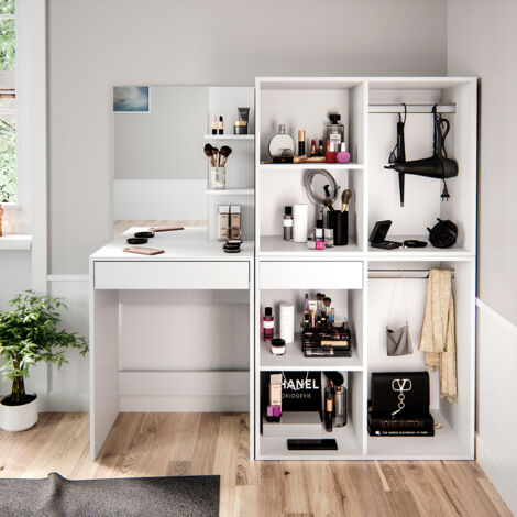Coiffeuse Isabelle, Blanc, 140cm avec armoires, Vicco