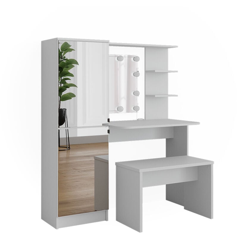 Vicco - coiffeuse Jasmin, Blanc, 123 cm avec éclairage led et banc
