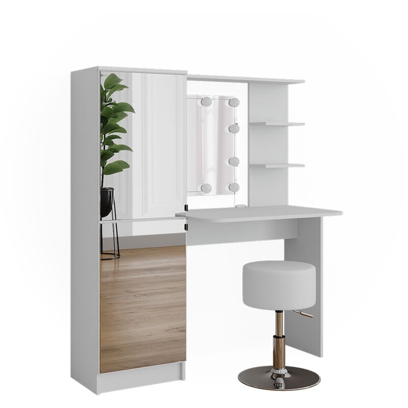 Vicco - Coiffeuse, Blanc, 123cm avec éclairage led et tabouret