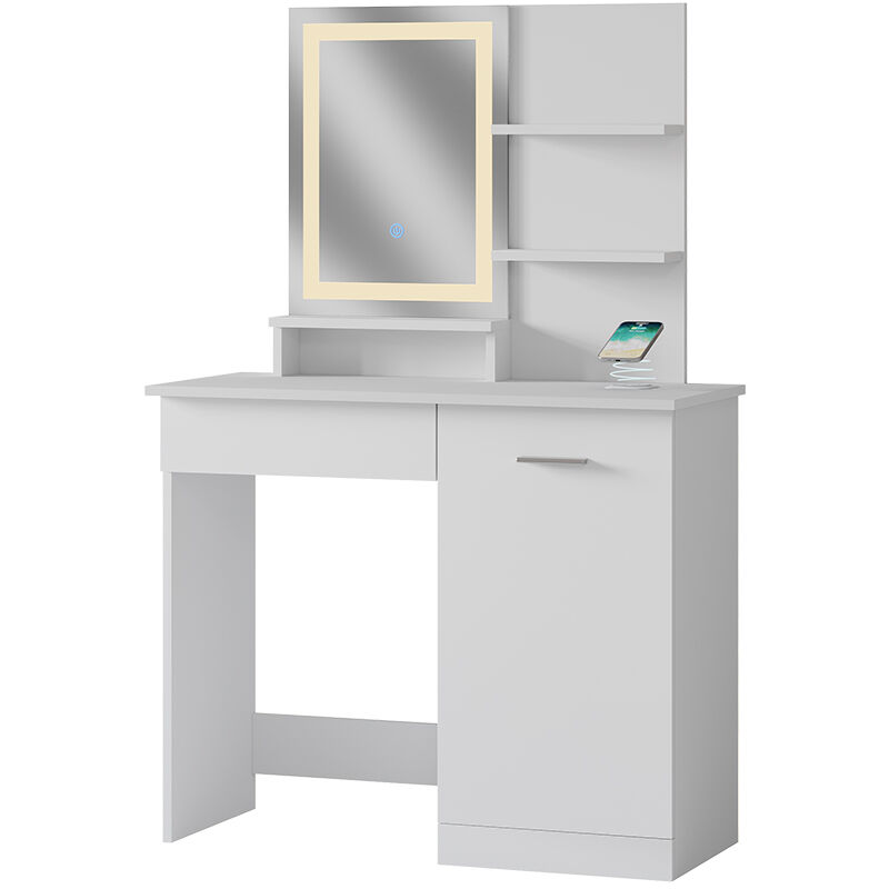 Coiffeuse Julia, Blanc, 90 cm avec miroir led et station de recharge qi Vicco