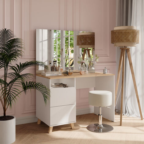 Coiffeuse Karen, Blanc/Artisan, 110cm avec tabouret, Vicco