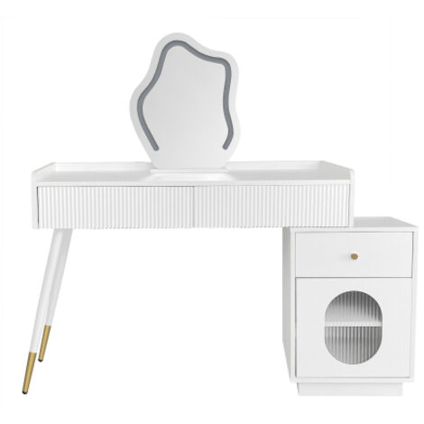 Coiffeuse  L 100 / H 75 / P 40 cm avec miroir LED et éclairage - Ensemble de coiffeuse blanc pour chambre à coucher, comprenant trois tiroirs spacieux et une porte (sans tabouret)