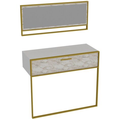 Coiffeuse L90cm avec 1 porte et miroir mural 38x90cm Dettris Bois effet marbre Blanc et Or