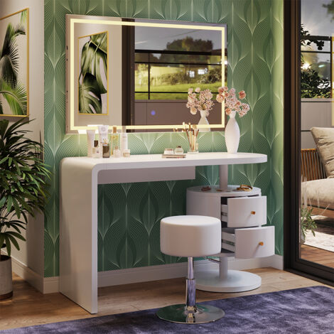 Coiffeuse Lara, Blanc, 120 cm avec miroir LED et tabouret, Vicco