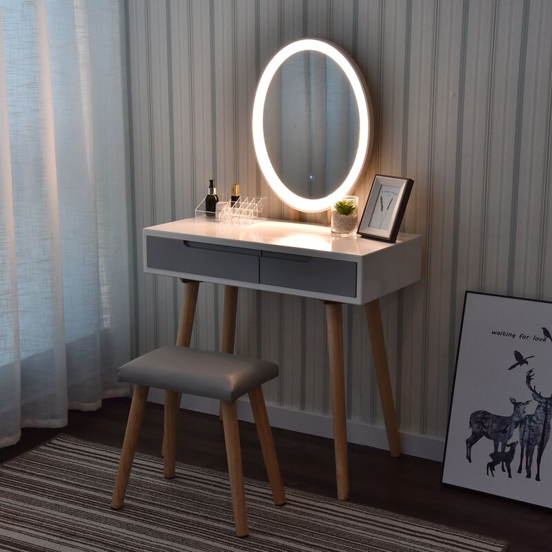 Puluomis - Coiffeuse avec LED Miroir Style Moderne Table de maquillage et tabouret,Miroir ovale + 2 tiroirs - Blanc