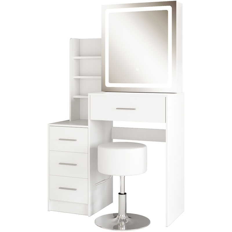 Coiffeuse Lisca, Blanc, 80 cm avec miroir led et tabouret Vicco