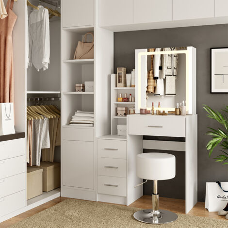 Coiffeuse Lisca, Blanc, 80 cm avec miroir LED et tabouret, Vicco