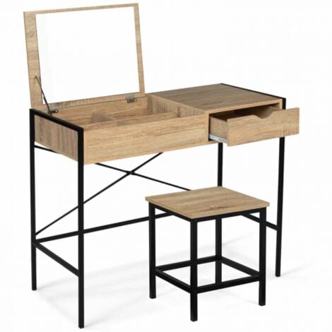 Coiffeuse LUIS miroir rabattable avec tabouret design industriel