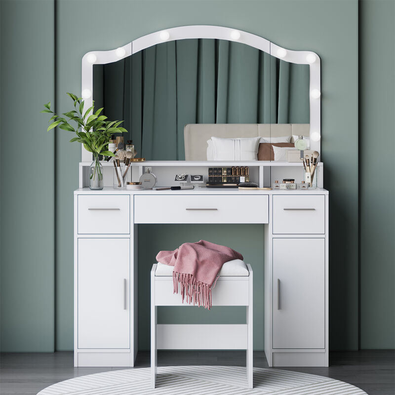Vicco - Coiffeuse Lumira, Blanc, 110cm avec miroir led et tabouret