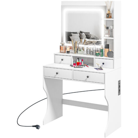 Coiffeuse maquillage avec lumières LED, 3 abat-jour et miroir, station maquillage avec prises USB, 4 tiroirs et étagères, 90x45x160cm, blanc