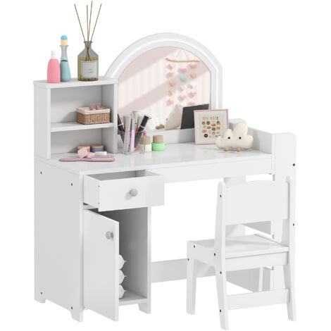 Coiffeuse maquilleuse enfant avec tabouret, miroir lumières LED, 1 tiroir, armoire, 5 étagères, blanche