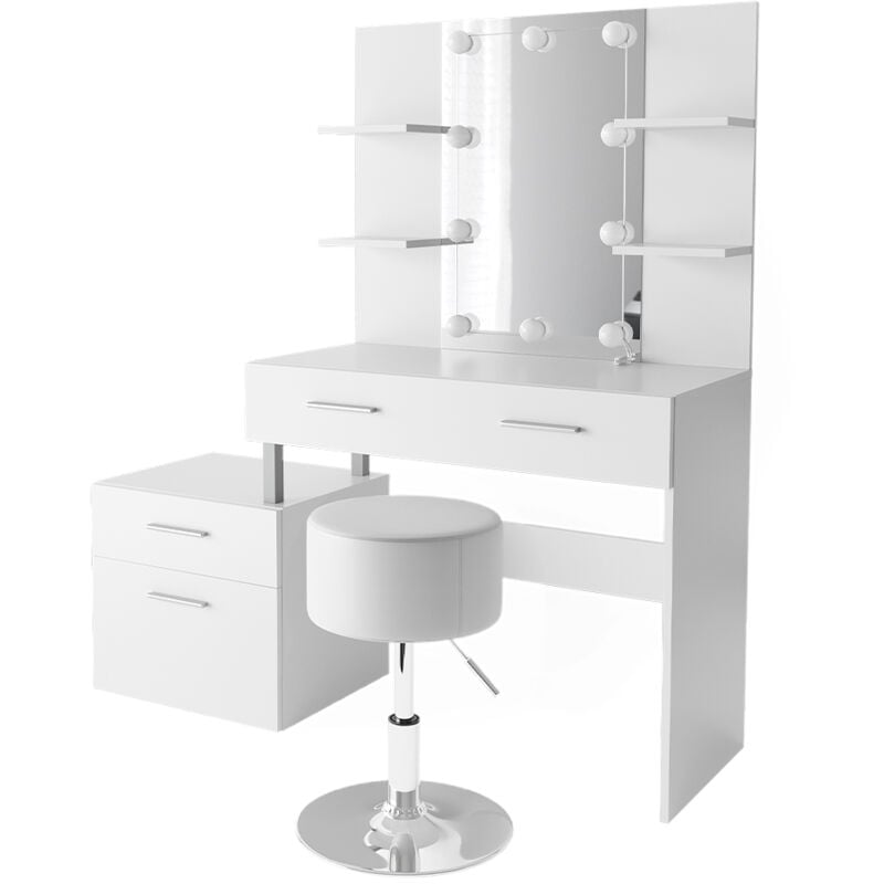 Vicco - Coiffeuse Maria, Blanc, 132 cm avec éclairage led et tabouret