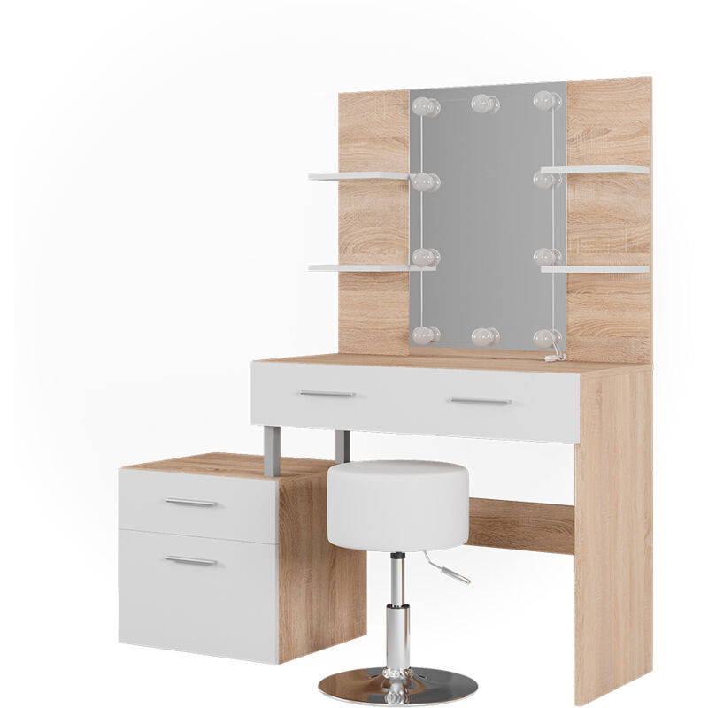 Coiffeuse Maria, Blanc/Sonoma, 132 cm avec éclairage led et tabouret Vicco