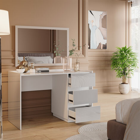 Coiffeuse Marla, Blanc Haute brillance, 120cm avec 3 tiroirs, Vicco