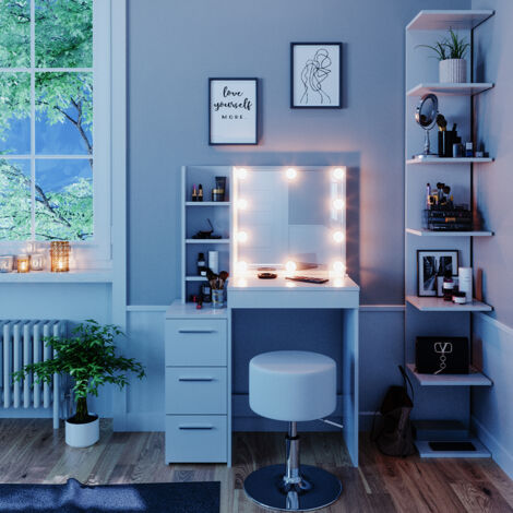Coiffeuse Meryl, Blanc, 80cm avec éclairage LED et tabouret, Vicco