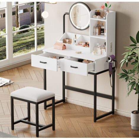 Coiffeuse Meuble avec Miroir LED et Tabouret,2 Tiroirs + 2 Surfaces de Rangement Ouvertes,Meuble coiffeuse,Moderne,Adulte,femme,fille,maison - Noir