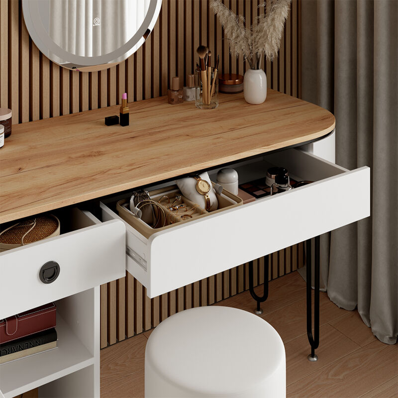 Vicco - Coiffeuse Mia, Blanc/bois naturel, 120cm avec miroir led