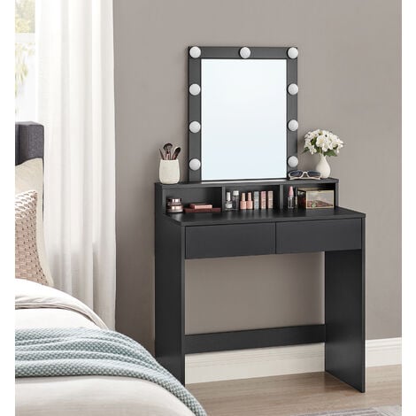 Coiffeuse, Miroir LED à Luminosité Réglable, 2 Tiroirs et 3 Compartiments, Coin Beauté, Style Moderne, Noir