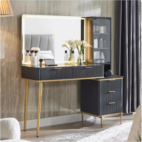 Coiffeuse miroir led Moderne avec Prise & Socket, Bureau de Vanité de Maquillage avec 5 Tiroirs & Étagères de Rangement, Coiffeuse bois Ampli - Panneau de Particules Noir