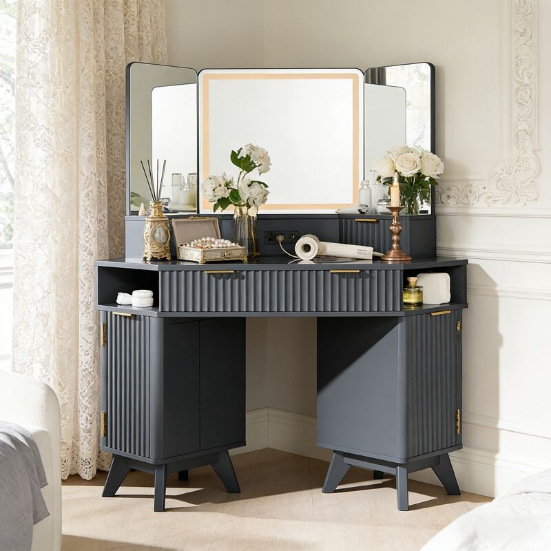 Coiffeuse miroir led Style Fluté 48" Grande Coiffeuse d'angle avec Plateau en Verre, Station de Charge, 3 Tiroirs & Rangements - Pour Chambre