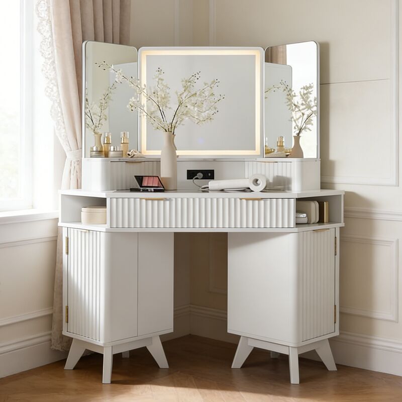 Coiffeuse miroir led Style Fluté 48" Grande Coiffeuse d'angle avec Plateau en Verre, Station de Charge, 3 Tiroirs & Rangements - Pour Chambre