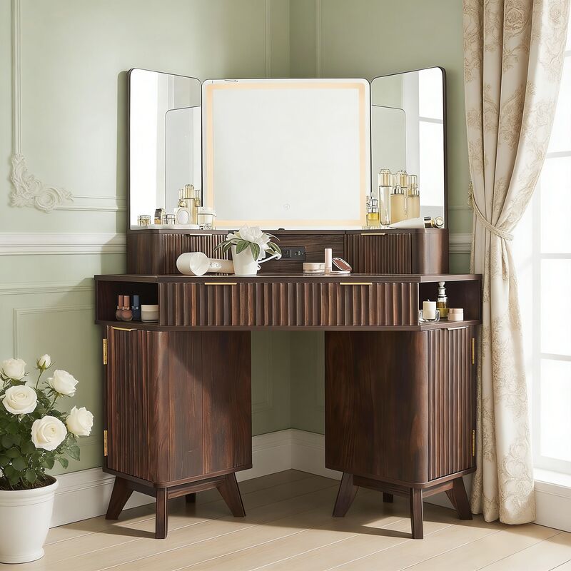 Coiffeuse miroir led Style Fluté 48" Grande Coiffeuse d'angle avec Plateau en Verre, Station de Charge, 3 Tiroirs & Rangements - Pour Chambre