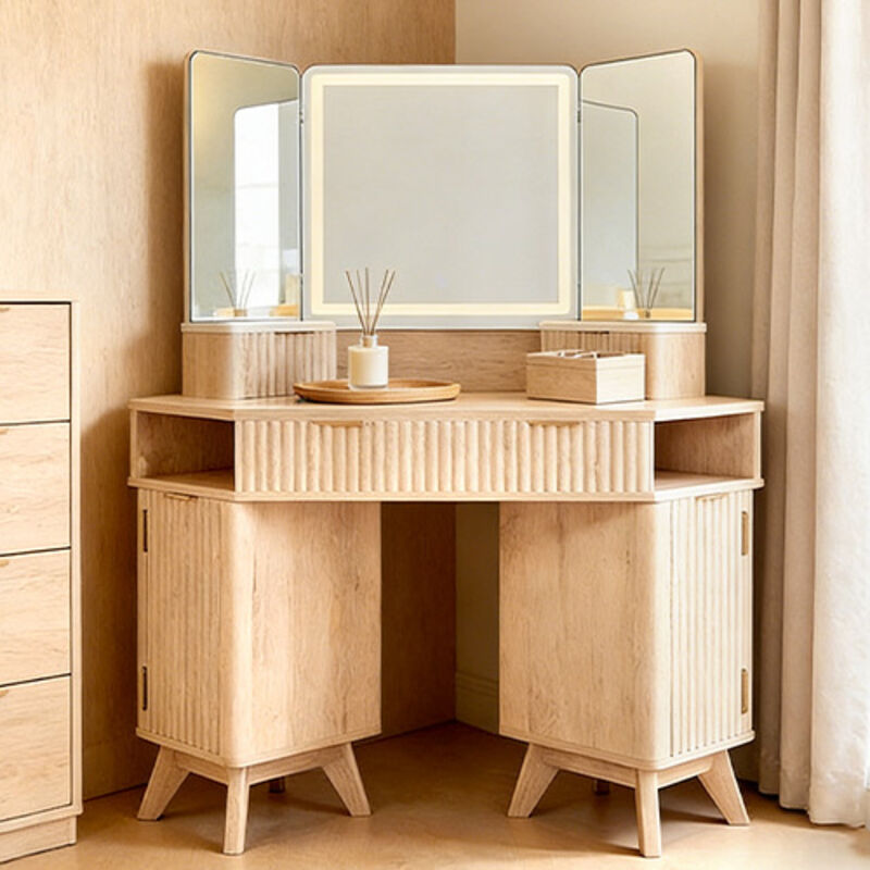 Coiffeuse miroir led Style Fluté 48" Grande Coiffeuse d'angle avec Plateau en Verre, Station de Charge, 3 Tiroirs & Rangements - Pour Chambre