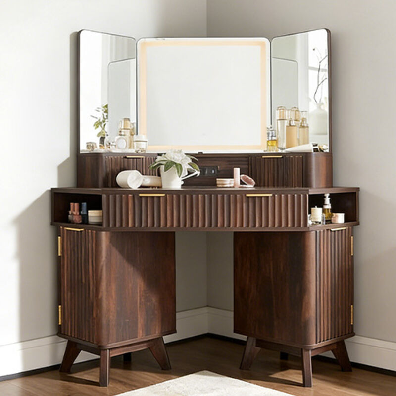 Coiffeuse miroir led Style Fluté 48" Grande Coiffeuse d'angle avec Plateau en Verre, Station de Charge, 3 Tiroirs & Rangements - Pour Chambre