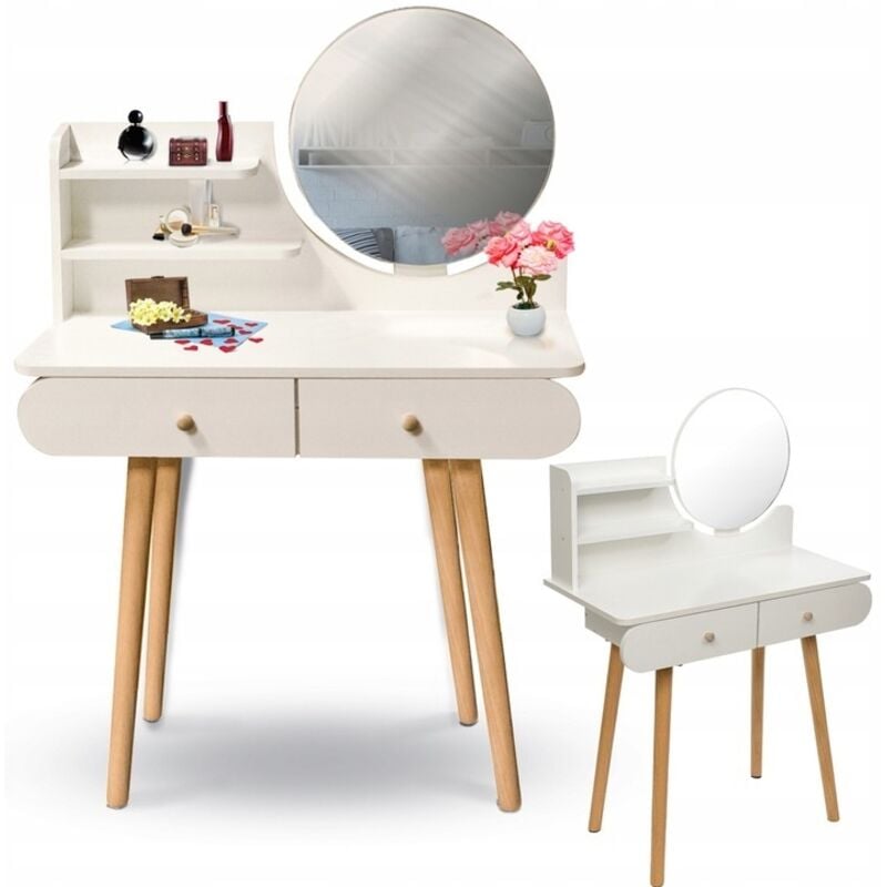 Viking Choice - Coiffeuse - miroir rond - table de maquillage - 80x40x122 cm - blanc