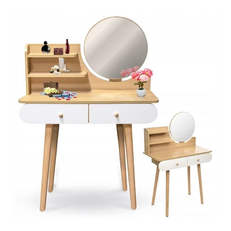 Viking Choice - Coiffeuse - miroir rond - table de maquillage - 80x40x122 cm - bois