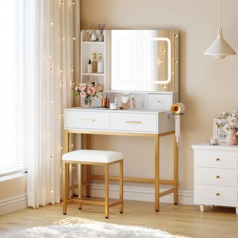 Coiffeuse miroir tabouret LED 3 modes éclairage 4 tiroirs prise étagères intégrées blanc or chambre