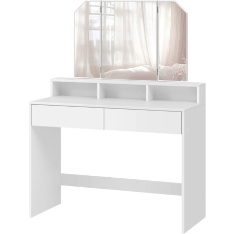 Coiffeuse, Miroir Triptyque Pliable, avec 2 Tiroirs, 3 Compartiments de Rangement, Style Moderne, Blanc