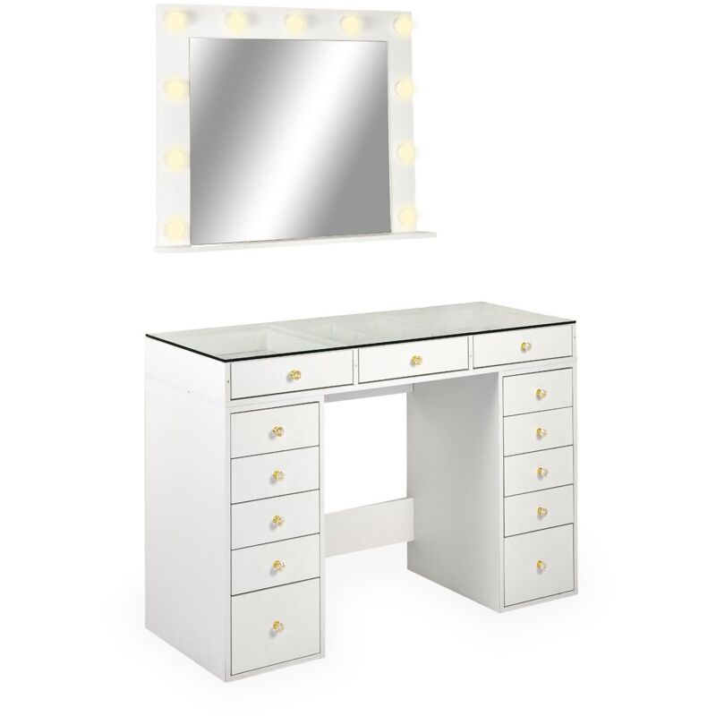 Coiffeuse moderne 13 tiroirs avec miroir lumineux LED – Plateau en verre 120cm – Rangement spacieux pour maquillage et bijoux