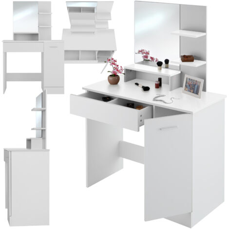 Tectake – Coiffeuse moderne avec miroir – 3 étagères et tiroir compartimenté – Dimensions 90x40x137,5 cm – Matériaux aggloméré et verre