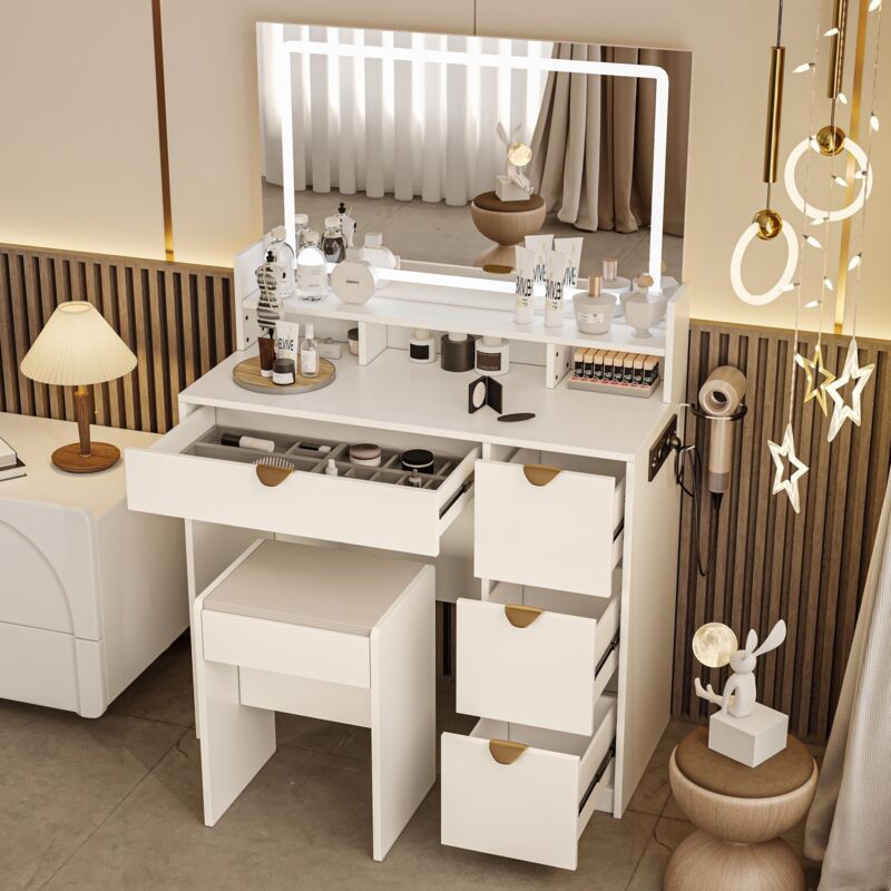 Eifson – Coiffeuse moderne 90x40x140 cm avec miroir LED tricolore – Port USB intégré – 4 tiroirs et pouf – Design minimaliste blanc
