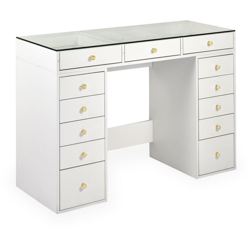 Coiffeuse moderne avec 13 tiroirs et plateau en verre transparent L120cm Probeauty Blanc