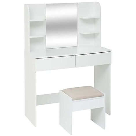 Coiffeuse moderne avec miroir, 2 tiroirs et compartiments ouverts, coloris blanc - Longueur 90 x Profondeur 40 x Hauteur 125 cm