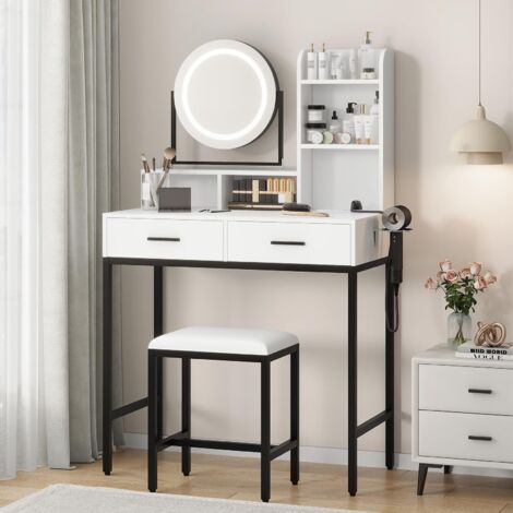 Coiffeuse Moderne avec Miroir LED & 3 Modes Lumineux –2 Tiroirs, 3 Casiers Ouverts, Tabouret Pivotant 360°–138 x80 x40 cm-Blanc
