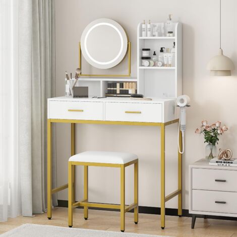 Coiffeuse Moderne avec Miroir LED & 3 Modes Lumineux –2 Tiroirs, 3 Casiers Ouverts, Tabouret Pivotant 360°–138 x80 x40 cm-Platinum