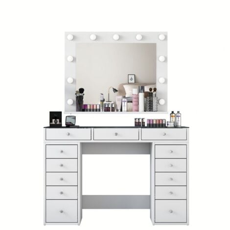 COTECOSY Table de Maquillage Élégante 120x79.8x44.5 cm avec Miroir Grand Format et Rangement - Blanc