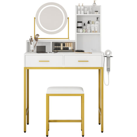 Coiffeuse moderne avec miroir LED rotatif 360° – Table de maquillage avec rangements, prises USB, tabouret inclus, blanc/or