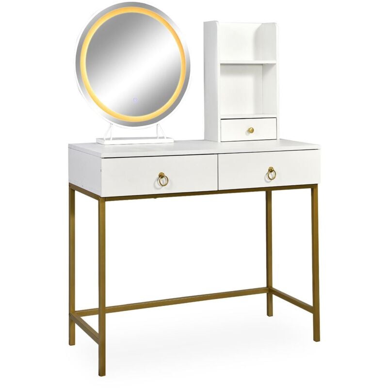 Cotecosy - Coiffeuse moderne avec miroir rond lumineux Oracle L90cm Blanc et Or