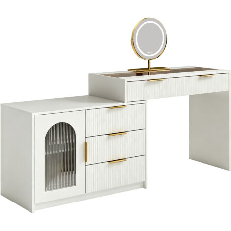 Coiffeuse moderne avec plateau en verre,coiffeuse extensible avec miroir lumineux LED et aspect cannelé,blanc,H75/W90-160/D40cm