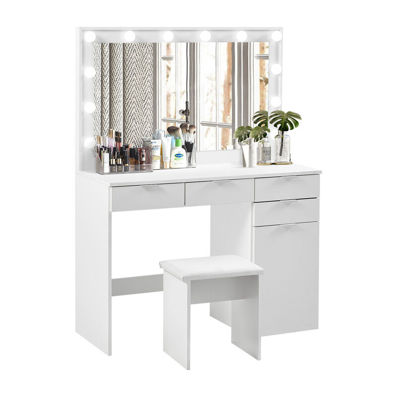 Coiffeuse moderne blanche avec éclairage led et tabouret rembourré pour chambre à coucher avec quatre tiroirs