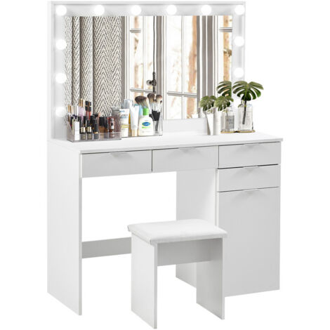 Coiffeuse moderne blanche avec éclairage LED et tabouret rembourré pour chambre à coucher avec quatre tiroirs