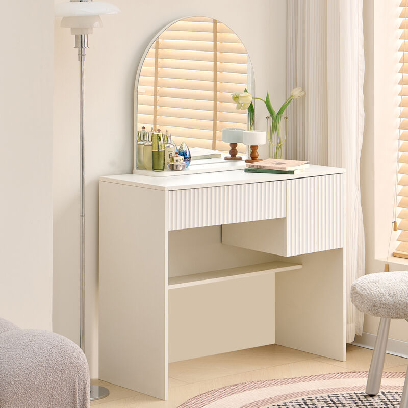 Coiffeuse Moderne Chambre avec Miroir 90x40x133,5cm Table de Maquillage 2 Tiroirs Etagères Ouvert rangement Blanc